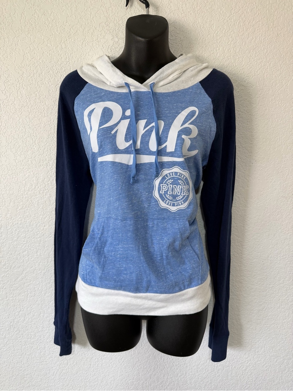 Y2k PINK Victoria's Secret Women's Blue Raglan Hoodie